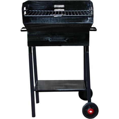 Barbecue a Legna e Carbonella in Ferro, con Ruote, Regolabile su 2 Altezze, Griglia in Acciaio, Ripiano poggia utensili 50x38cm