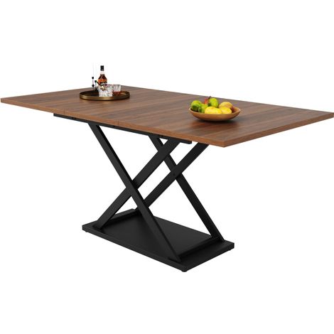 Table à manger télescopique (120-160×80cm), table à manger extensible, table de cuisine peu encombrante, pieds en fer croisés noirs, pour cuisine et salon, table à manger couleur noyer (1/5)