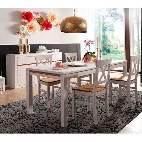 Esszimmer Set Massivholz Sideboard und Esstisch WILSON-69 in Kiefer massiv weiß (1/5)