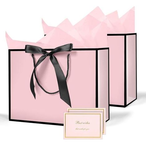 Lot de 2 Pochettes Cadeaux avec Anse,Sac Cadeaux en Papier Avec Ruban d'Arc,Pochette en Papier avec Anse, Emballage Cadeau pour (1/5)