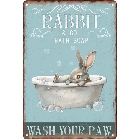 Plaque de Fer à Savon de Bain avec Lapin Mignon pour Décoration Murale d'Invité de Bureau, Toilette, Salle de Bain, Porte de Salle de Bain, Bar, Hôtel, Club, Peinture de Style Vintagée 30 X 20 Cm (1/5)