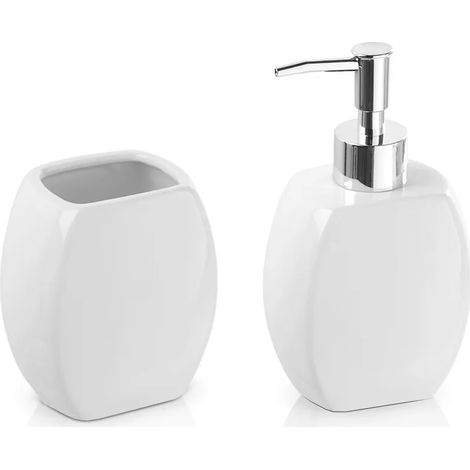 Set accessori bagno da appoggio dispenser e porta spazzolini in ceramica bianco (1/3)