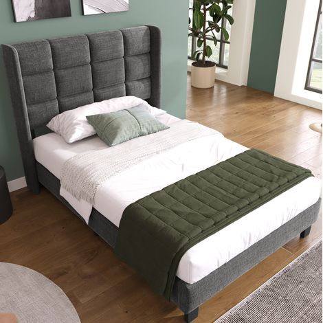 Cama tapizada 90/200 cm gris de lino con cabecero acolchado y somier (1/5)