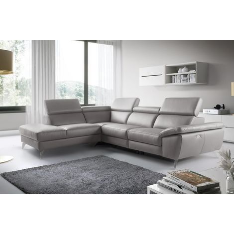Canapé d'angle relax en 100% tout cuir épais de luxe italien avec relax électrique, 5/6 places KASTER, gris clair, angle gauche (1/5)