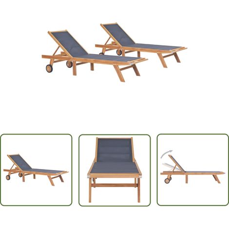 Lot de 2 Bains de soleil pliables Chaises à bascule - Transat de jardin avec roulettes Teck et textilène BV494559 - BonneVie (1/5)