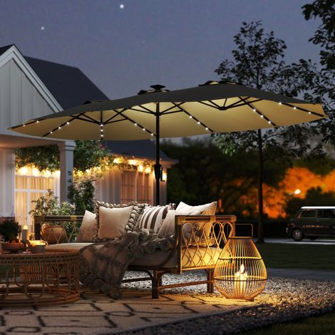 Ombrellone doppio da giardino 4x2 m con 36 luci LED UPF50+, manovella, 12 stecche, impermeabile, beige