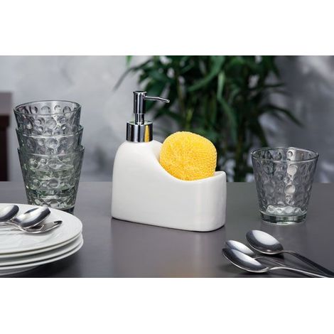 Dispenser Sapone Bianco in Porcellana + Spugna e Portaspugna Forma 6,5 x 15 x 17 cm (1/2)