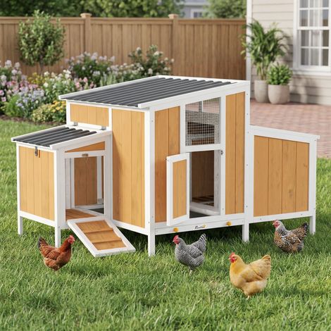 Gallinero para Exterior de Madera 145x90x92 cm para 2-4 Gallinas con Nido Casa Lateral Bandeja Extraíble Amarillo (1/5)