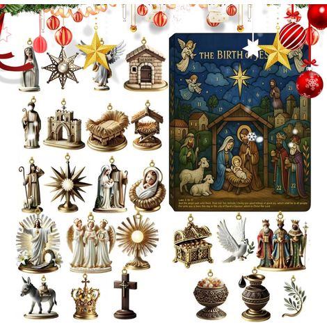 Calendrier de l'Avent en Acrylique à Suspendre - Calendrier de l'Avent à 24 Pendants sur la Nativité de Jésus,Cadeau de Collection Religieux en 2D Pour Adultes Adolescents Famille et Amis (1/5)