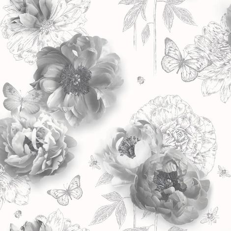 Flower Garden Mono Wallpaper Arthouse Textured Vinyl Glitter Floral Butterfly (1/4)