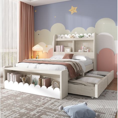 Bett Einzelbett Stauraum 90x190 Massivholz Weiß OKMYHOME