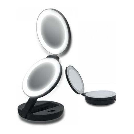Miroir de maquillage de voyage avec lumières, miroir de courtoisie rechargeable compact 1X/5X, cinq niveaux de luminosité et de hauteur réglables, miroir pliable portable de 4,5 pouces