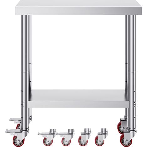 Table de travail inox 30x18x34 cm, capacité 700 lbs, 4 roues, hauteur réglable 3 niveaux, robuste pour cuisine pro, argent. (1/5)