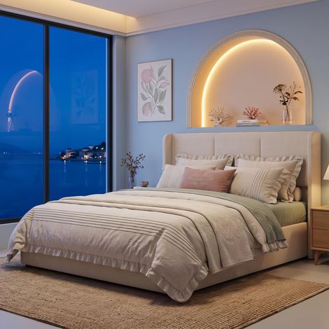 Lit Coffre 160x200 cm Lin Beige - Tête de Lit à Oreilles et Rangement Hydraulique - Sommier Inclus, Lit Double scandinave cocooning (1/5)