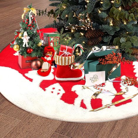 Weihnachtsbaumrock, 90 cm Weihnachtsbaumständer, geeignet für Weihnachtsdekorationen und Festdekorationen, roter Hintergrund mit Schneeflocken