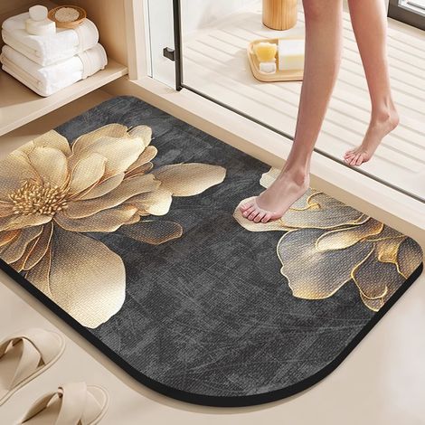 Tapis de bain en terre de diatomée – Absorbant, antidérapant et résistant à la saleté, motif 3D floral doré, coins arrondis, 60 x 90 cm, pour salle de bain moderne-lsw
