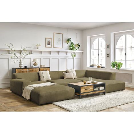 BOBOCHIC - Canapé panoramique fixe compact LAVENA tissu velours Angle gauche  Vert (1/5)
