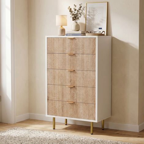 Commode de chambre 60x34x110cm avec 5 tiroirs, Meuble de rangement grande capacité, Bois et métal, Style moderne, Bois naturel et blanc (1/5)