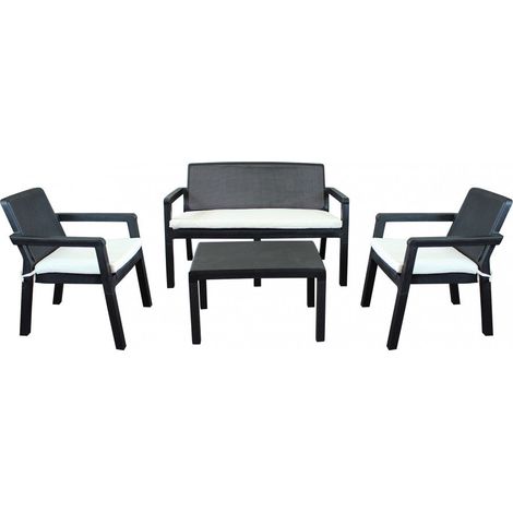 Salotto 4 posti da esterno giardino in resina nera con cuscini bianco Black Sharm