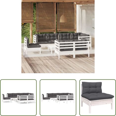 Gartenmöbel - 9-tlg. Garten-Lounge-Set mit Kissen Weiß Kiefer Massivholz (1/5)