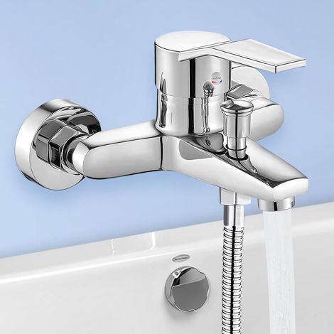 Mitigeur de Baignoire, Robinet de Baignoire et Douche, Mitigeur Douche en Laiton (montage mural, universel 1/2" sortie inférieure), Robinet Baignoire Monocommande, Chrome (1/5)