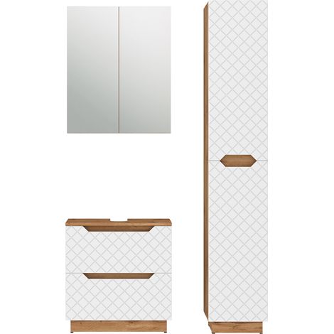 Juego de muebles de baño de 3 piezas Lotta, Roble/blanco con estructura de azulejos, 3 partes, Vicco (1/5)
