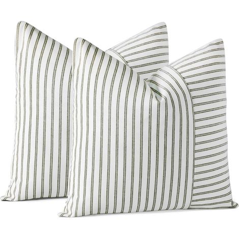 Lot de 2 Housses de Coussin Souples en Patchwork Rayé 45x45 cm Housses de Coussin Décoratives Modernes Carrées Housse de Coussin Décorative pour Canapé Lit (Rayure Sage) (1/5)