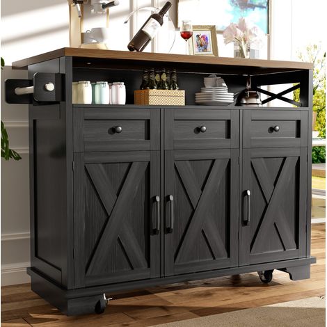 Îlot de cuisine 118 x 43-80 x 98 cm noir avec plateau rabattable, grand rangement et roulettes (1/5)