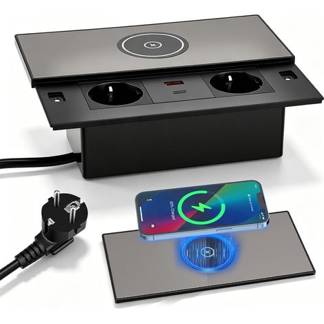 Prise Encastrable Escamotable 2 Prises avec Couvercle, USB-C PD 30W et USB-A, Bloc Prise Encastrable pour Plan de Travail avec Charge sans Fil, pour Bureau, Cuisine, Table de Réunion, Câble 1,8 m (1/5)