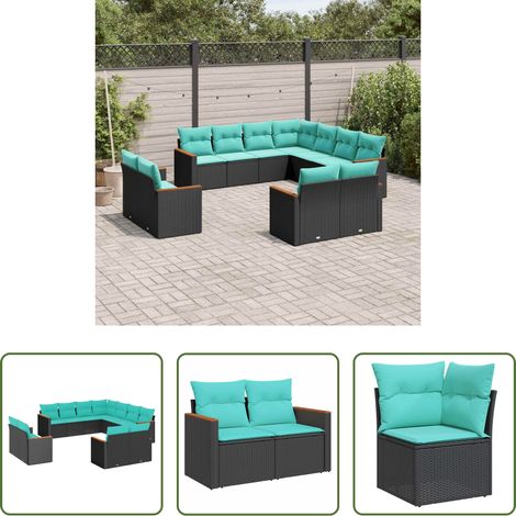 Gartenmöbel - 11-teiliges Gartensofa-Set mit Kissen, schwarzes Polyrattan (1/5)