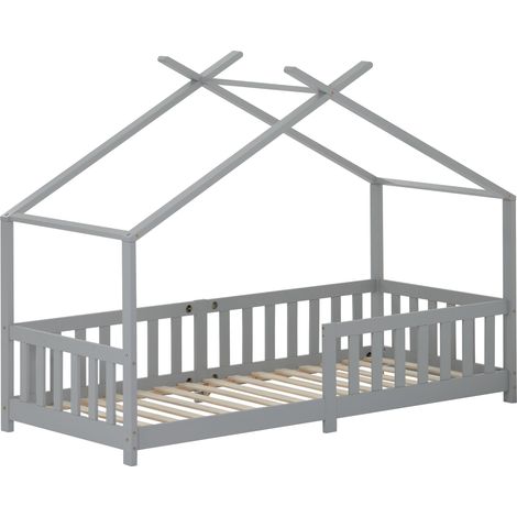 Lit cabane enfant 90x200 bois gris barrière sécurité sommier intégré