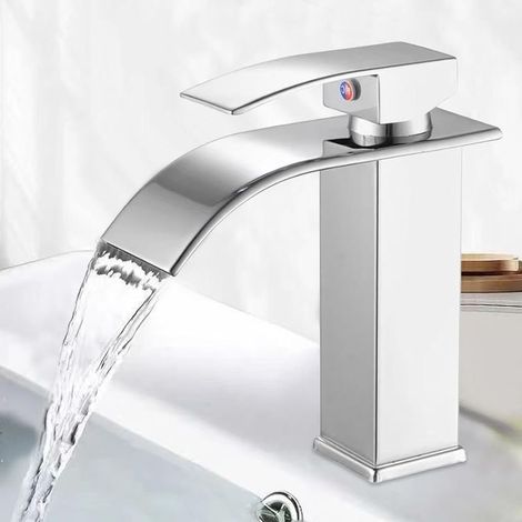 Robinet Lave Main Mitigeur Cascade Salle Bain Argenté, Bec Cascade 110 MM, Acier Inoxydable, Montage sur Pont, Monotrou, Chromé, Gris (1/5)