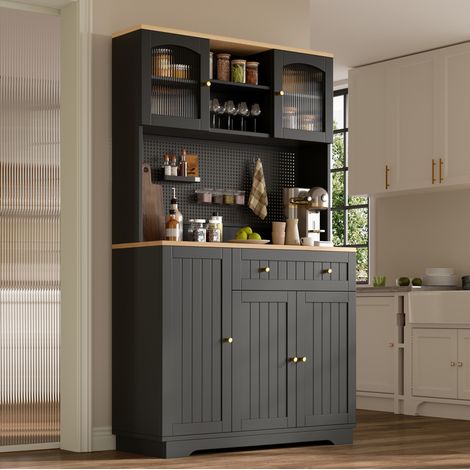 Vitrinenschrank (103.5 x 40 x 180 cm), verstellbare Einlegeböden, Lochblech Wand, Spanplatte, Schwarz (1/5)