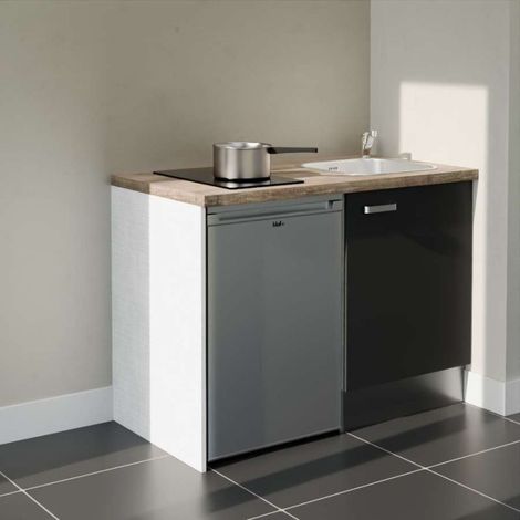 Kitchenette K08L-PT - 120 cm - plan stratifié, évier inox, - Façade Noir - Plan Bois - Evier Inox - Crédences Non + Electroménager inclus coloris Inox (1/5)