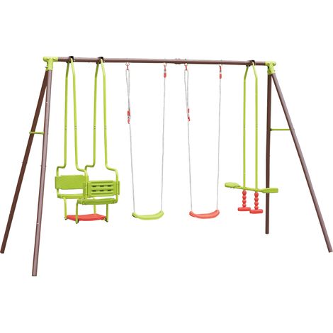 SOULET - Columpio Cuádruple de Acero Marrón y Verde Malo con 2 Asientos Individuales, Balancín y Góndola - 3,35 m x 1,95 m x 2,20 m (1/5)