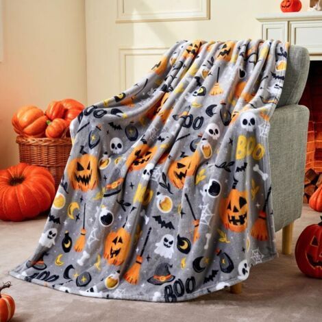 Couverture d'Halloween en flanelle grise 1 pièce (75x100cm) - chapeau de sorcière, chauve-souris, fantôme et citrouille, décoration de fête d'Halloween (1/4)