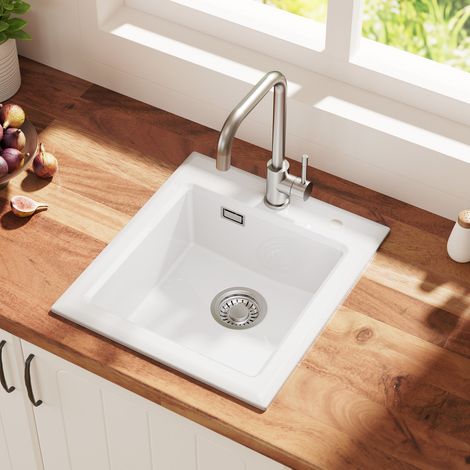 CECIPA MAX Lavello da cucina in ceramica 45 x 50 cm, vasca singola con sifone e troppopieno, lavello da appoggio da 45 cm, lavello in ceramica bianca (1/5)