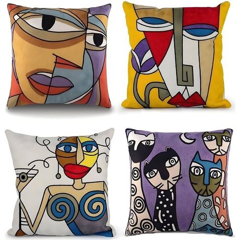 Fodere per cuscini 45 x 45 cm, ricamo Picasso, quadrate, 4 pezzi (18 x 18 pollici), decorazione per divano e mobili, stile astratto. (1/5)