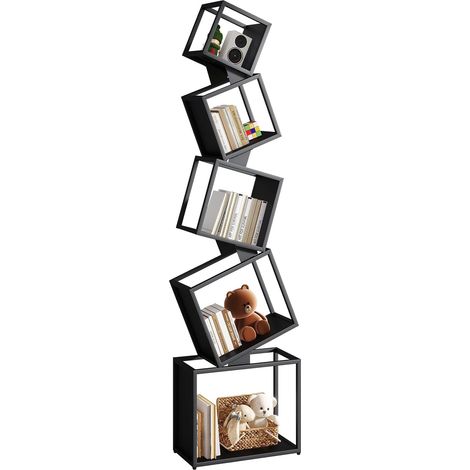 Bibliothèque en Cube, Étagère Haute en Métal sur 5 Niveaux, 180 cm, Étagère Rangement, Meuble de Rangement Ouvert, Matte, Design Géométrique, pour Salon, Chambre, Bureau, Noir (1/5)