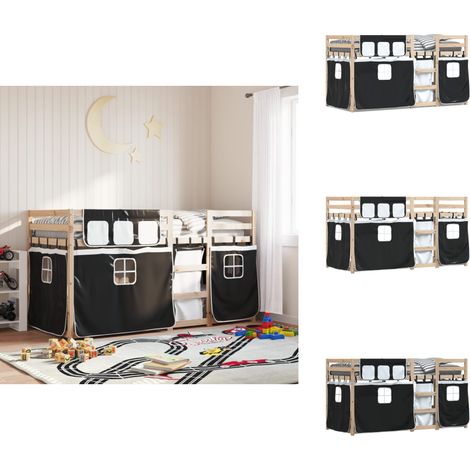 Etagenbett mit Vorhängen Weiß Schwarz 90x200 cm Kiefernholz - Kinderzimmermöbel - Hochbett - Etagenbett - Jugendbett - Kiefernholz (1/5)