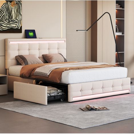 Letto imbottito beige 140x200 cm con LED, 4 cassetti, 2 porte USB e rete a doghe (1/5)