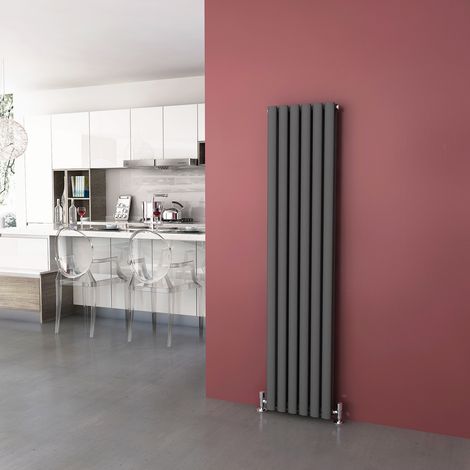 ELEGANT 1600 x 354mm Anthracite Designer Radiator Double Panel Oval Column Vertical Central Heating Rad + Thermostatic Radiator Valves (1/5)
