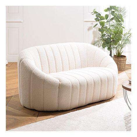 Macabane – Canapé coquillage 2 places en tissu bouclette écru – Dimensions 146 x 83 x 68 cm – Design rétro et confortable – Meuble monté (1/6)
