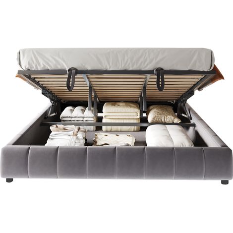 CHICFURN lit coffre capitonne 180 x 200 gris sans tete de lit avec eclairage LED blanc et ouverture hydraulique (1/5)