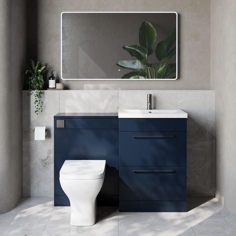 Napoli 390 Cento Deep Blue 1200mm 2 Drawer Vanity Unit Toilet Suite with Glide Basin - 1200mm - Gunmetal Grey 320mm HandleWith Kingston Toilet Pan and Seat