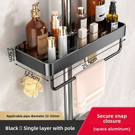 (Noir avec crochet) Support de rangement pour pommeau de douche de salle de bain, sans perçage, avec barre de douche effet pluie et système de levage pour une organisation optimale de votre salle de b (1/5)