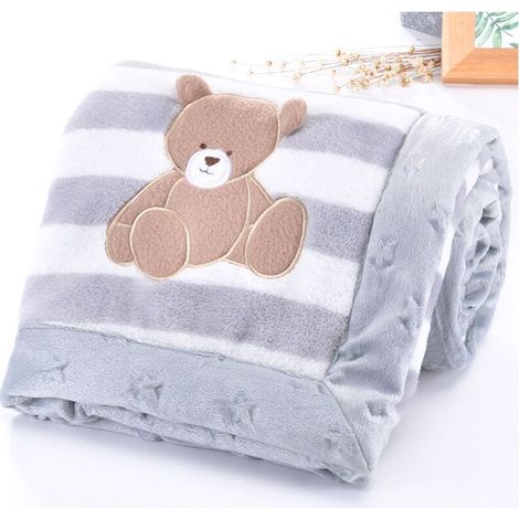 Couverture bébé, double couche flanelle douce couverture bébé hiver chaud rayure peluche tout-petit couverture confortable poussette couverture (ours gris (1/4)