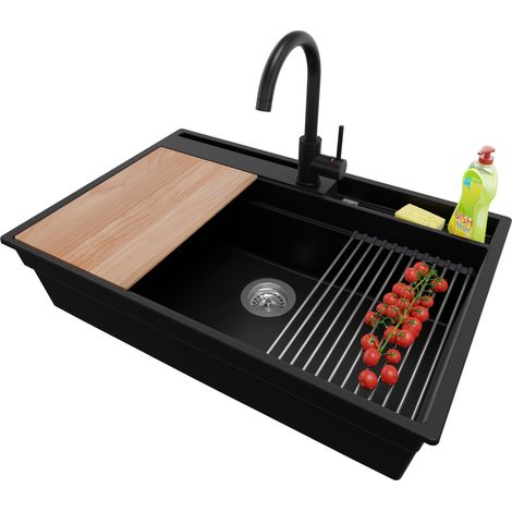 PRIMAGRAN Evier Cuisine en Granit 78x53cm, Lavabo 1 bac + Robinet 32x20cm + Kit de Vidage + Accessoires, Évier à Encastrer au meuble 80cm - Oslo Pocket, Noir