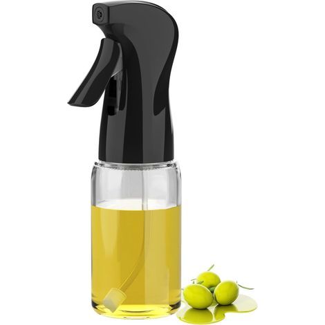 200ml glass oil spray bottle with controlled jet. Drip-free dispenser for oil and vinegar, portion control for air fryers, grills, and kitchens. (1/3)