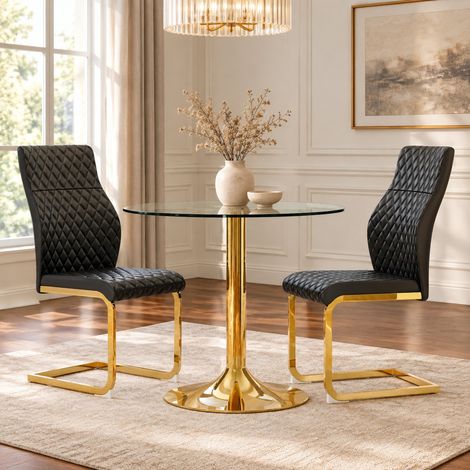 Conjunto de comedor con mesa redonda de cristal 85 cm y 2 sillas, negro-dorado, transparente, HAVRYA (1/5)